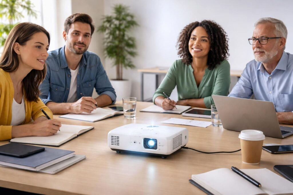 découvrez un petit cours collectif sur l'utilisation du mini vidéoprojecteur epson en salle, avec des astuces pratiques pour optimiser vos présentations.