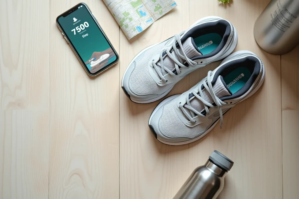 Vue aérienne de chaussures de marche, smartphone affichant 7500 pas et bouteille d'eau sur parquet en bois