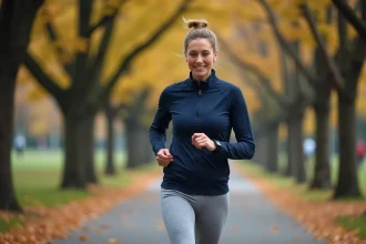 Femme marchant rapidement dans un parc urbain en automne, consultant sa montre connectée pour compter ses pas