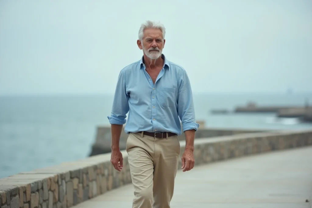 Homme se promenant tranquillement sur une promenade côtière, illustrant une marche douce de 7500 pas quotidiens