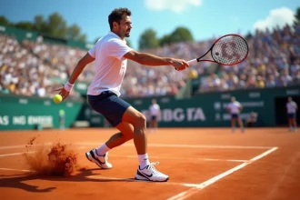 Joueur de tennis professionnel en plein revers sur un court en terre battue lors d'un tournoi 2026