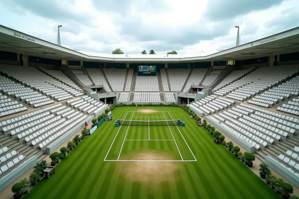Vue panoramique d'un grand stade de tennis en herbe lors d'un tournoi majeur en 2026