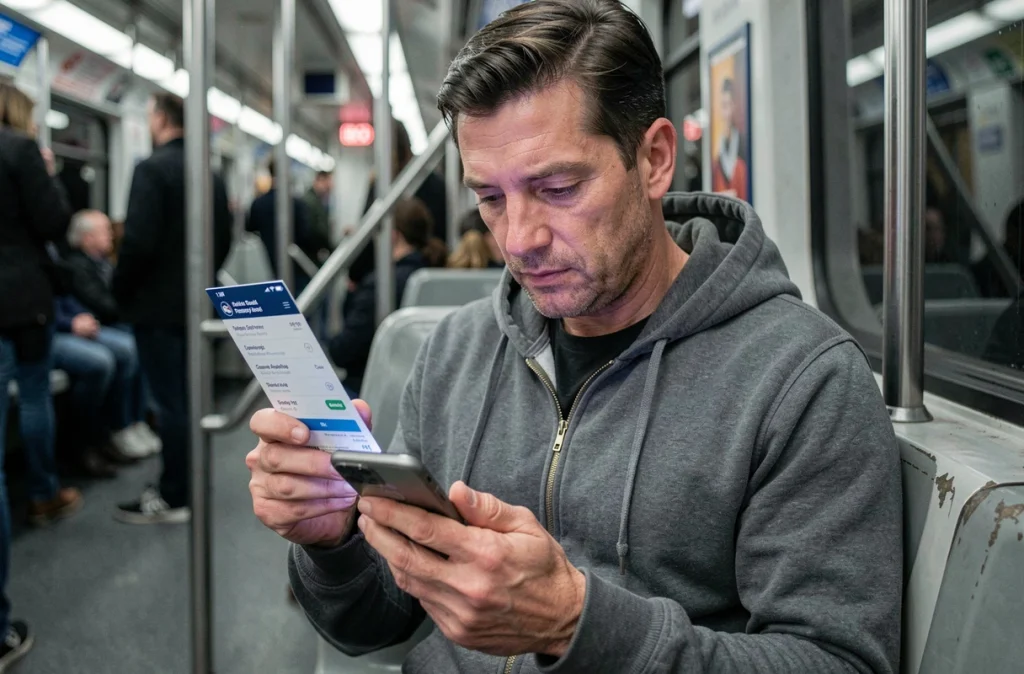 Fan de rugby comparant les options d'achat de billets 6 Nations sur une application de revente depuis son smartphone dans le métro