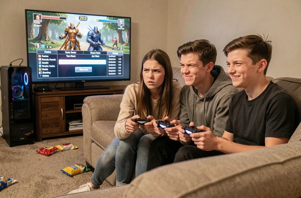 Trois adolescents choisissant ensemble un nom d'équipe pour leur squad dans un salon lors d'une session gaming