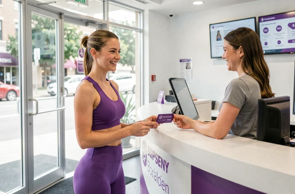Jeune femme de 18 ans présentant sa carte d'adhésion à l'accueil d'une salle de sport moderne