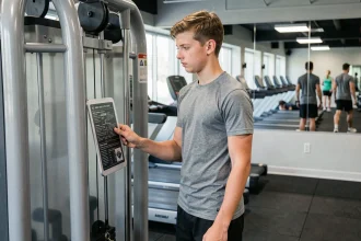 Adolescent d'environ 16 ans lisant les instructions d'une machine de musculation dans une salle de sport Basic Fit