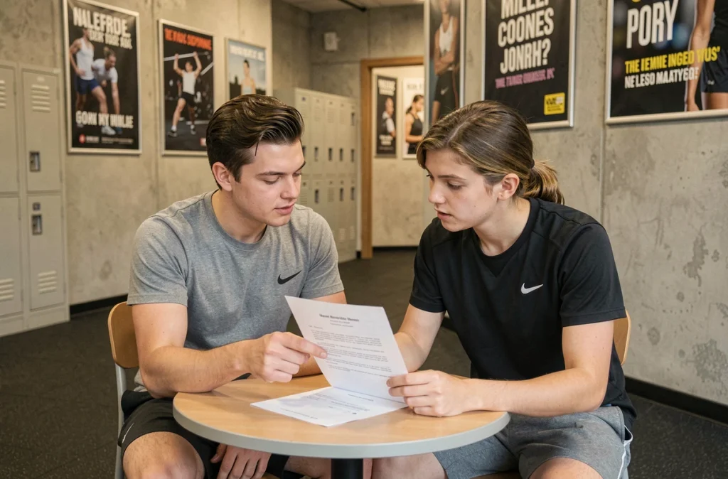 Parent et adolescent examinant ensemble le contrat d'adhésion et les conditions d'âge dans le hall d'une salle de fitness