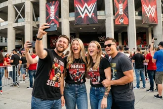 Groupe d'amis souriants devant l'entrée d'une grande arène lors d'un événement WWE à Paris