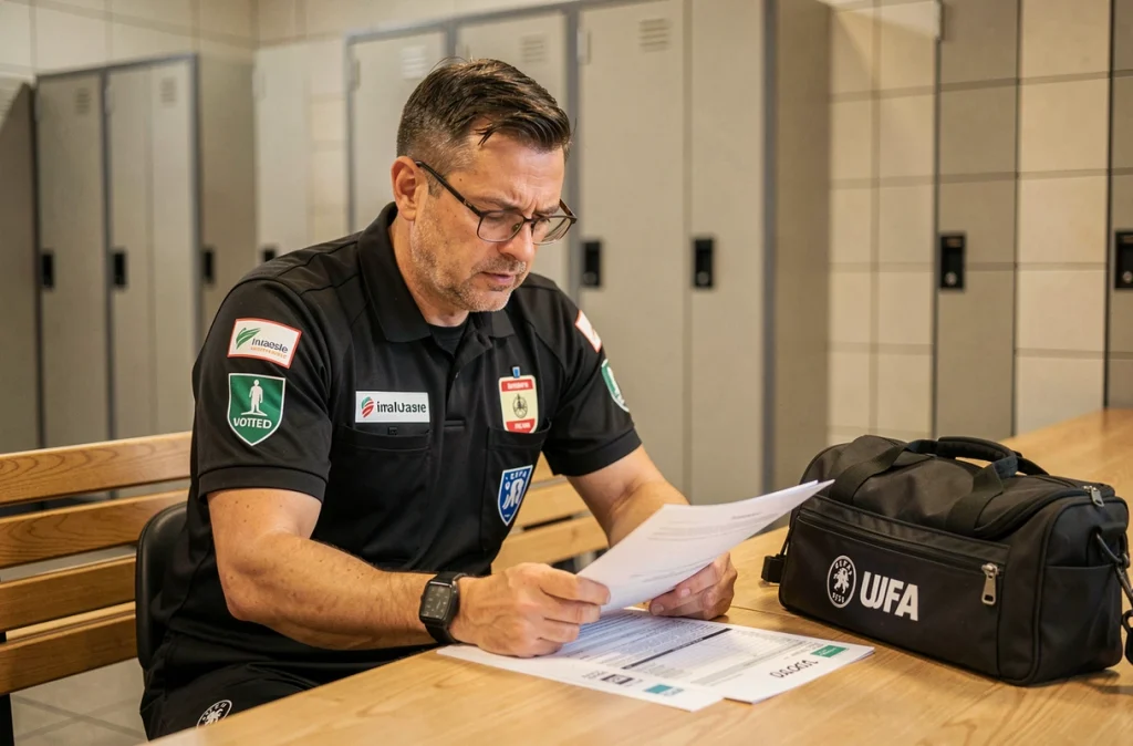 Arbitre de football professionnel étudiant ses documents dans les vestiaires avant un match européen