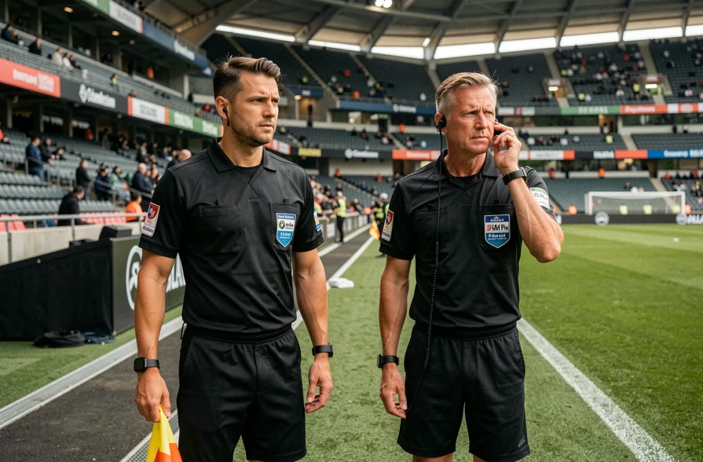 Deux arbitres professionnels inspectant le terrain avant un match de Ligue des champions dans un grand stade