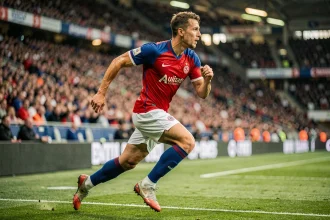 Attaquant du PSG en plein sprint sur le terrain lors d'un match de football professionnel