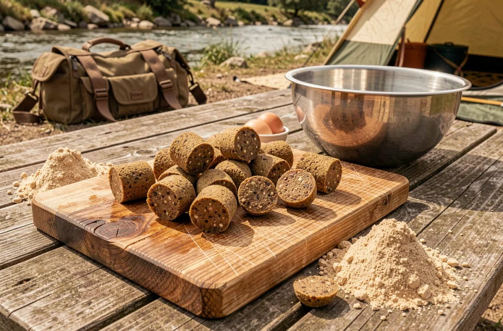 Bouillettes artisanales pour la pêche à la carpe présentées sur une planche en bois avec ingrédients naturels