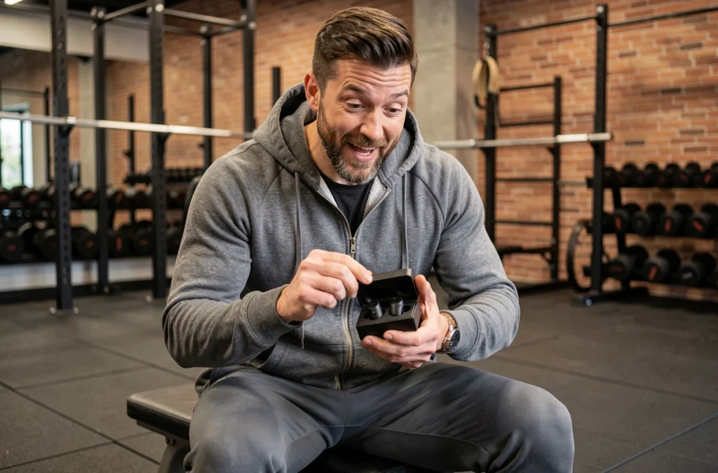 Homme sportif découvrant des écouteurs sans fil comme cadeau dans une salle de sport urbaine