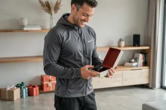 Homme sportif tenant une montre GPS de sport en cadeau dans son salon moderne