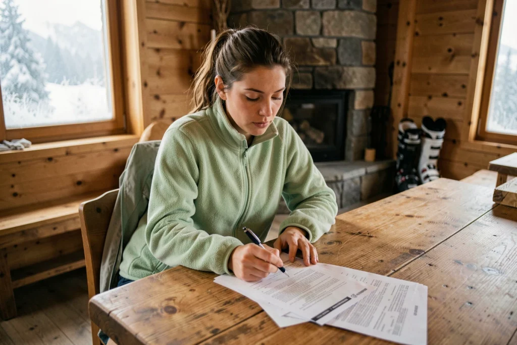 Femme en chalet de montagne aux Sept Laux comparant des contrats d'assurance ski sur une table en bois