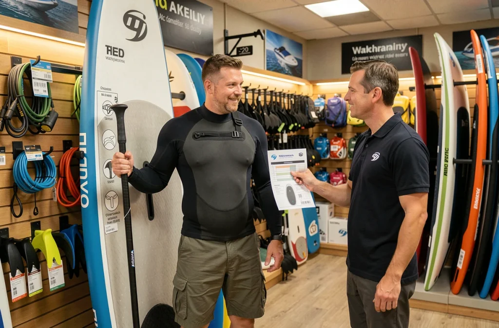 Client et conseiller dans un magasin de paddle choisissant la taille adaptée d'un SUP board selon le gabarit du pratiquant