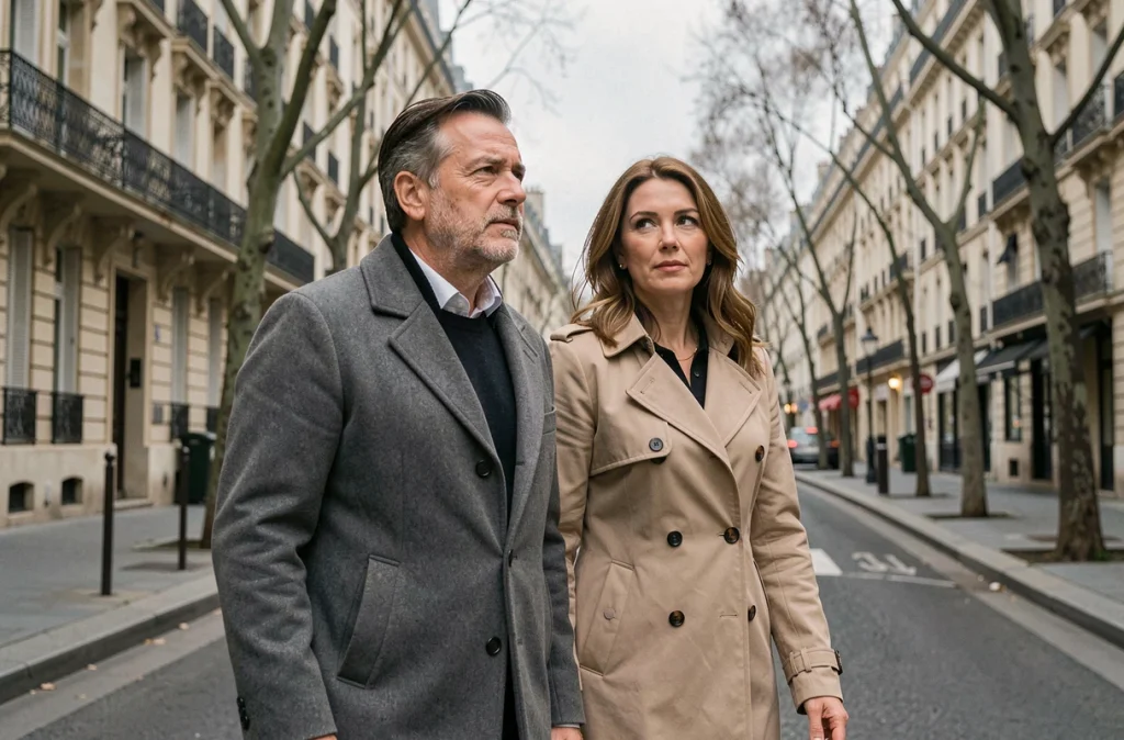 Couple marchant discrètement dans une rue parisienne haussmannienne, femme en trench beige et homme en manteau gris, atmosphère candide
