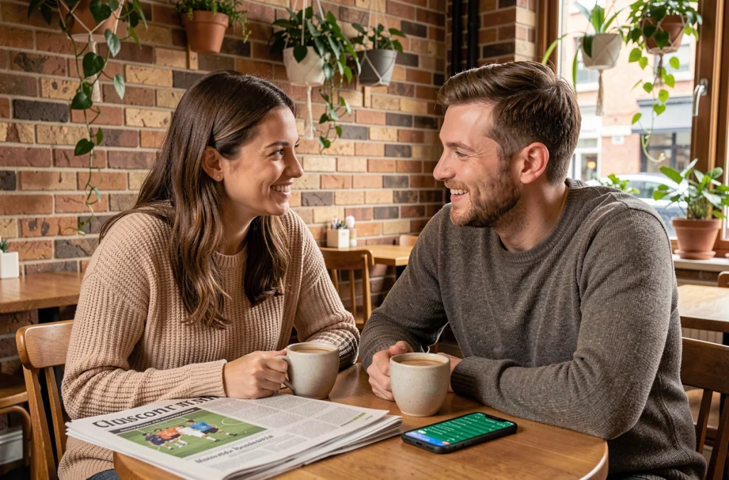 Couple partageant un moment complice autour du football et du business dans un café chaleureux