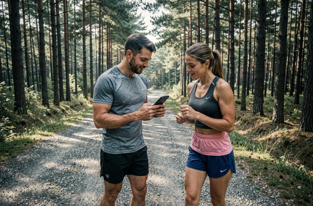 Deux coureurs consultant une application de calcul kilomètre heure sur smartphone pendant une pause sur sentier forestier