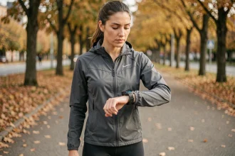 Coureuse vérifiant sa montre GPS affichant la vitesse en km/h lors d'un entraînement structuré en extérieur