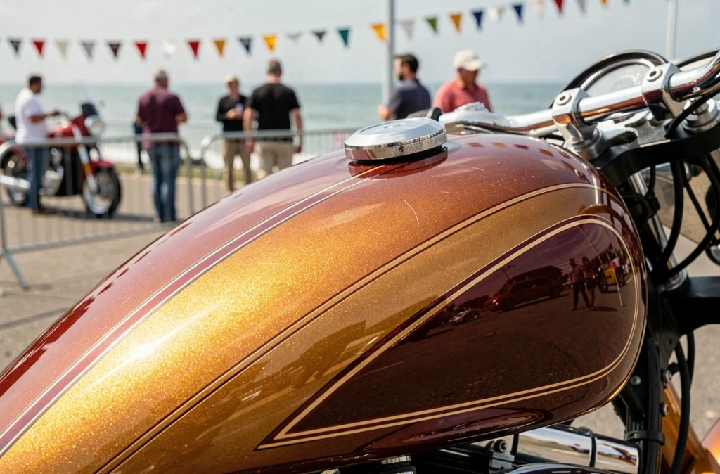Détail artistique d'un réservoir de moto custom peint à la main lors du Show Bike de Montalivet 2026