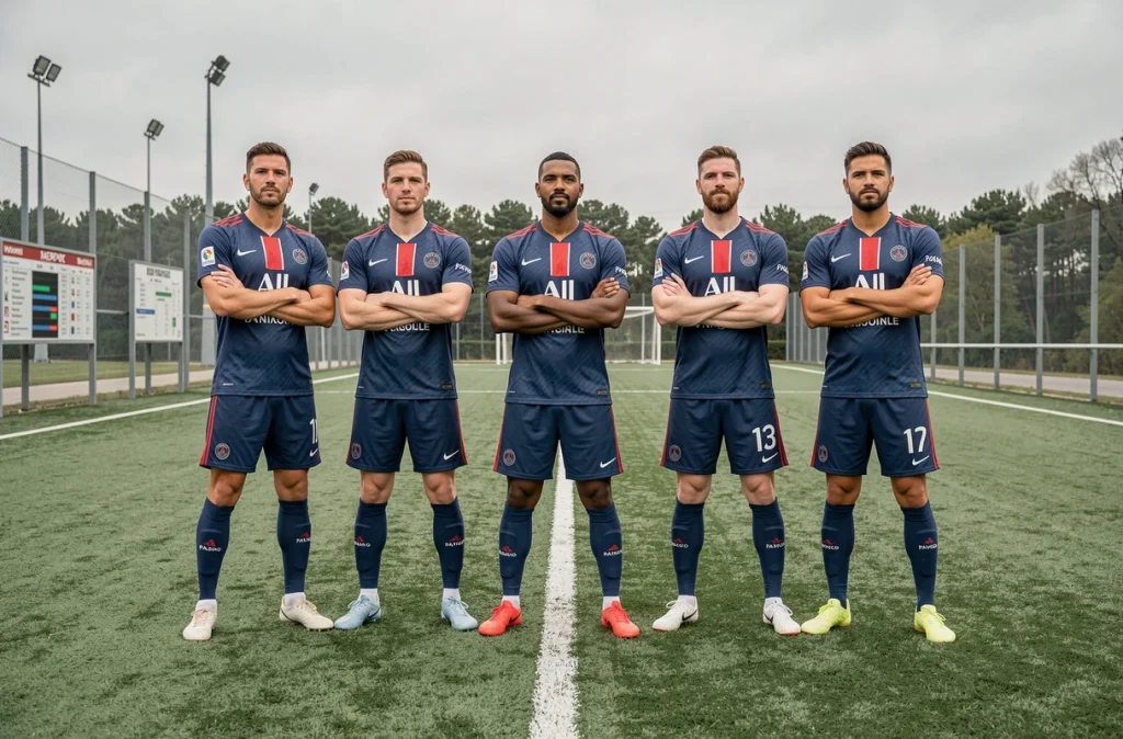 Groupe de joueurs du PSG alignés en tenue officielle lors d'une séance d'entraînement pour l'effectif 2026