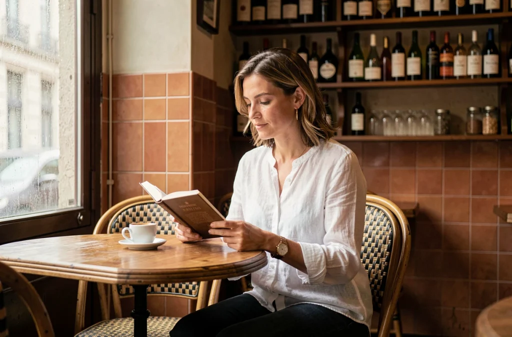 Femme élégante et discrète lisant seule dans un café parisien, ambiance intime, blouse blanche, atmosphère privée