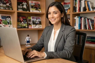 Femme entrepreneur spécialisée dans le football travaillant depuis son bureau à domicile avec un ordinateur portable