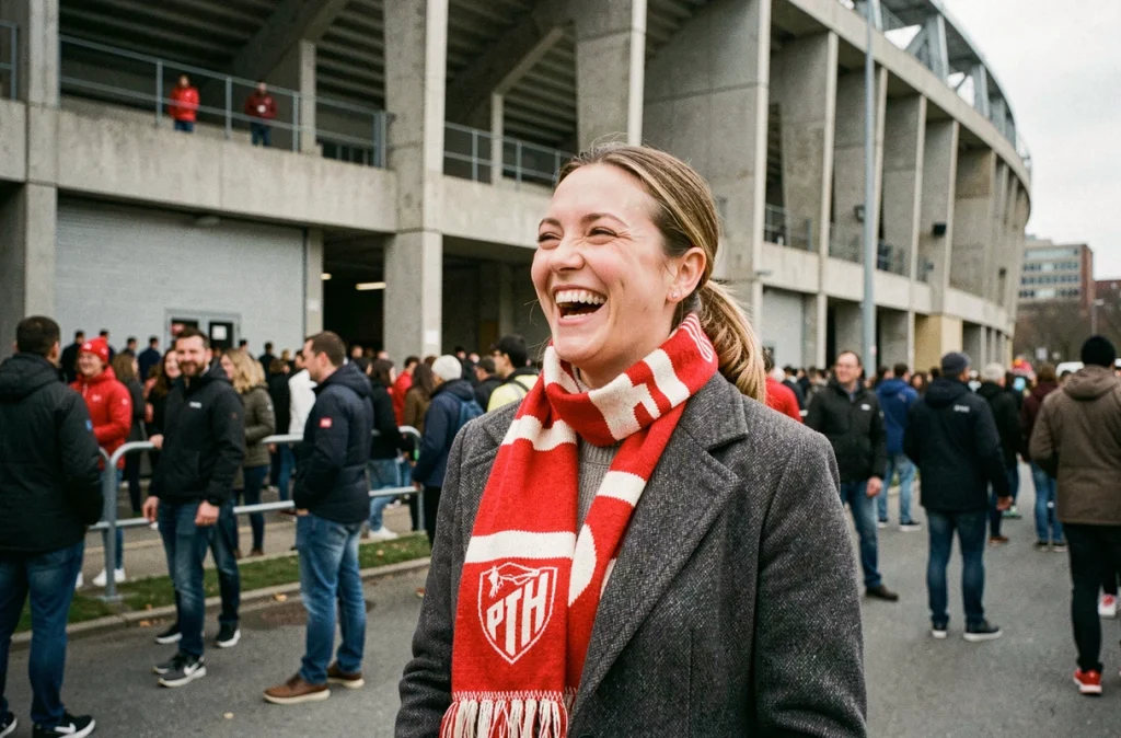 Femme passionnée de football devant un stade lors d'un jour de match portant un écharpe de club