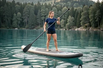Femme debout sur un stand up paddle board de grande taille sur un lac calme, illustrant le choix de taille de SUP selon le gabarit