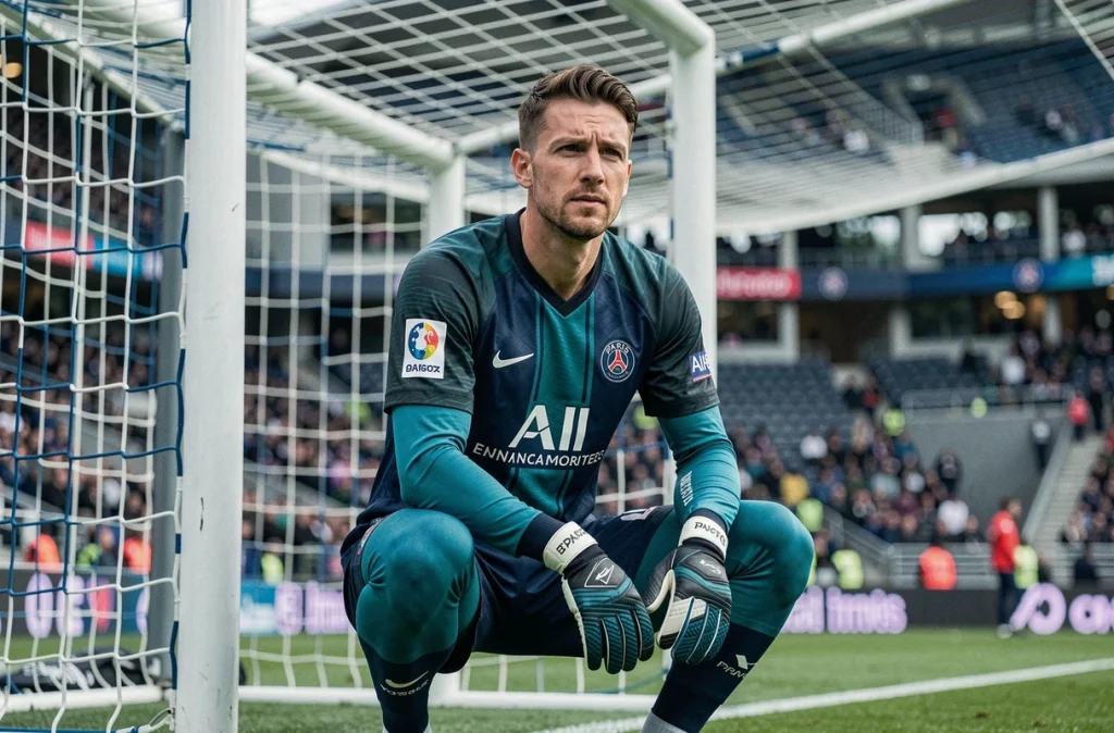 Gardien de but du PSG en tenue officielle 2026 devant ses cages au Parc des Princes