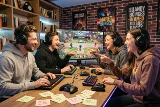 Groupe de joueurs réunis autour d'un bureau gaming cherchant un nom d'équipe original pour un jeu en ligne