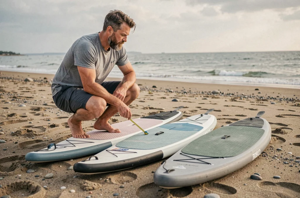 Homme comparant trois tailles de stand up paddle boards sur une plage de sable, pour choisir le bon gabarit de SUP