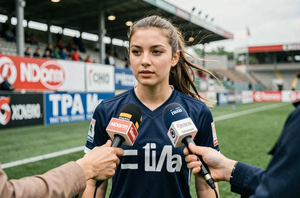 Joueuse de football féminin donnant une interview au bord du terrain après un match de Serie A italienne avec le club de Parme