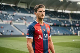Joueur du PSG en maillot rouge et bleu posant sur la pelouse du Parc des Princes pour la saison 2026
