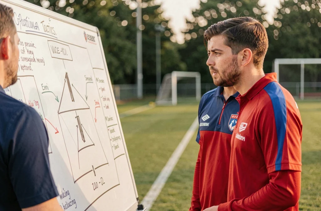 Joueur du PSG analysant une tactique de jeu avec son entraîneur lors d'une séance d'entraînement