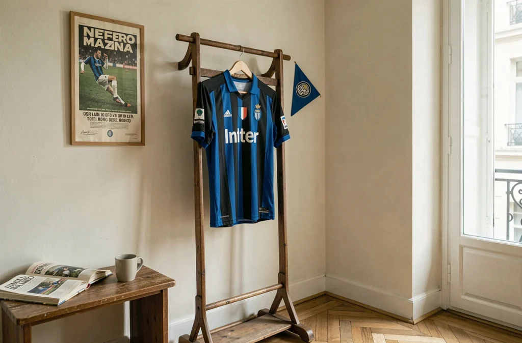 Maillot de l'Inter Milan accroché dans un appartement parisien avec poster vintage et fanion, évoquant la passion française pour le club nerazzurro