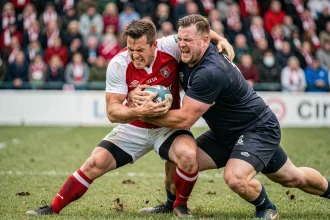 Duel de plaquage lors d'un match de rugby Fédérale 1 entre deux équipes en 2026