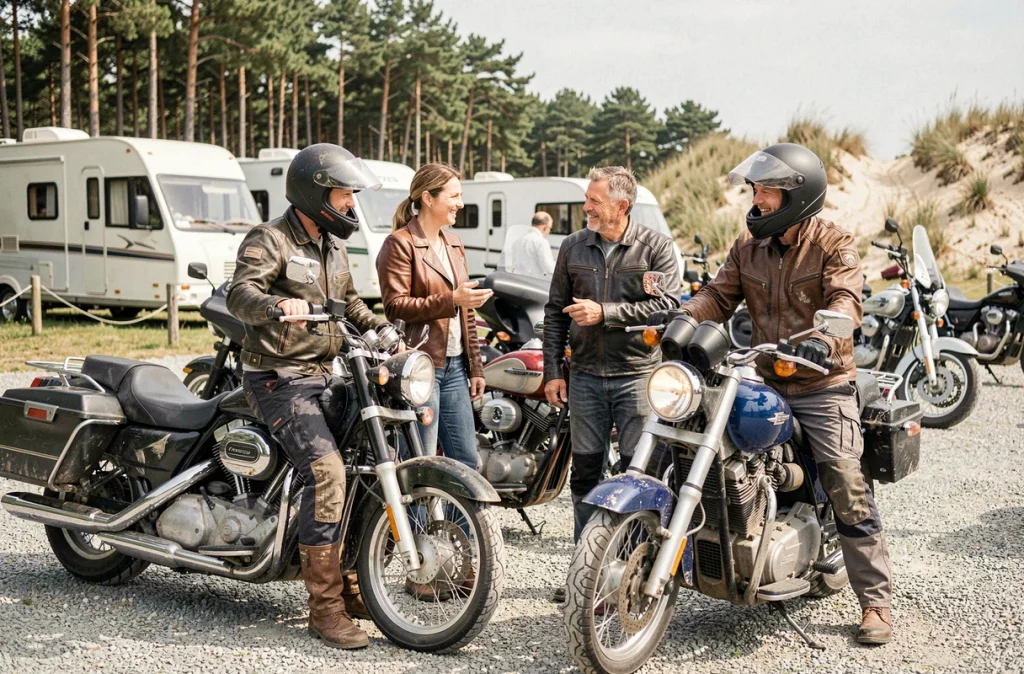 Groupe de motards en équipement discutant près de leurs motos garées dans un camping à Montalivet