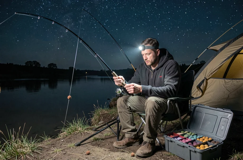 Pêcheur de carpe préparant une bouillette de nuit au bord de la rivière avec matériel complet et bivvy