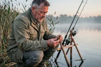 Pêcheur de carpe examinant une bouillette artisanale au bord d'un lac au crépuscule, matériel de pêche visible en arrière-plan