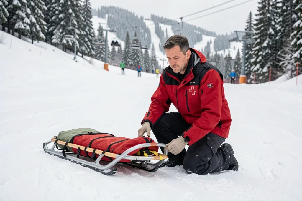 Pisteur secouriste aux Sept Laux vérifiant le matériel de secours sur les pistes, illustration de l'importance de l'assurance ski