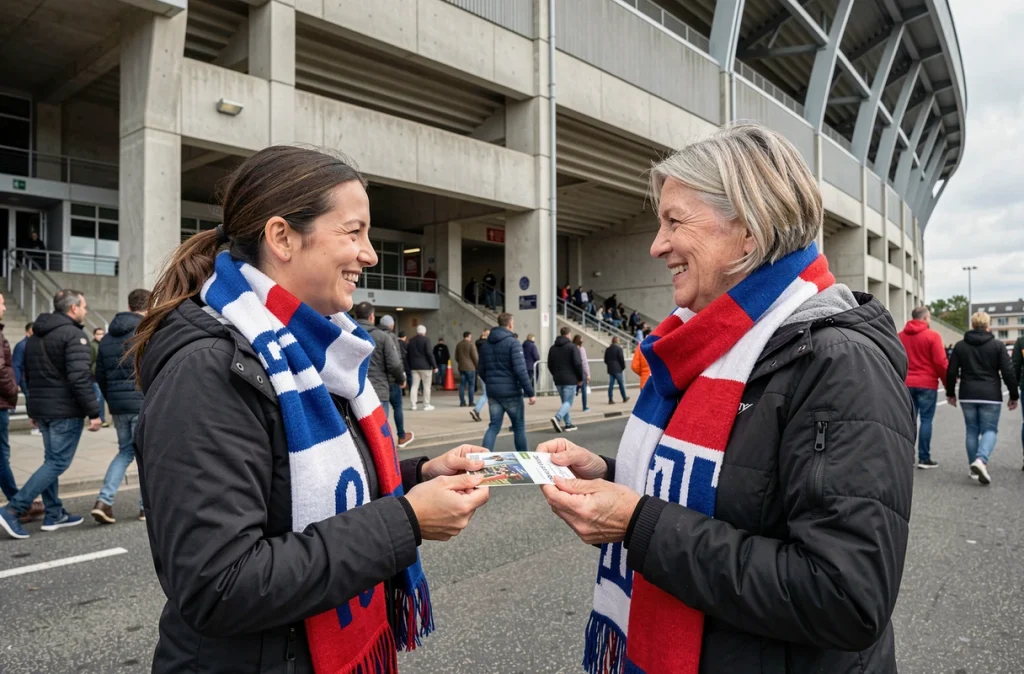 Deux supportrices échangeant des billets de rugby entre fans devant le stade lors d'un match du Tournoi des 6 Nations