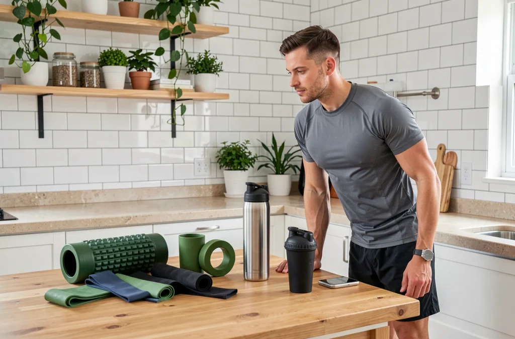 Sélection de cadeaux sportifs pour homme disposés sur un comptoir de cuisine moderne