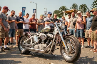 Moto custom chromée exposée lors du Show Bike de Montalivet entourée de passionnés en été