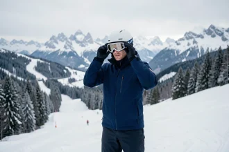 Skieur équipé au sommet des pistes des Sept Laux consultant son forfait ski avant de descendre