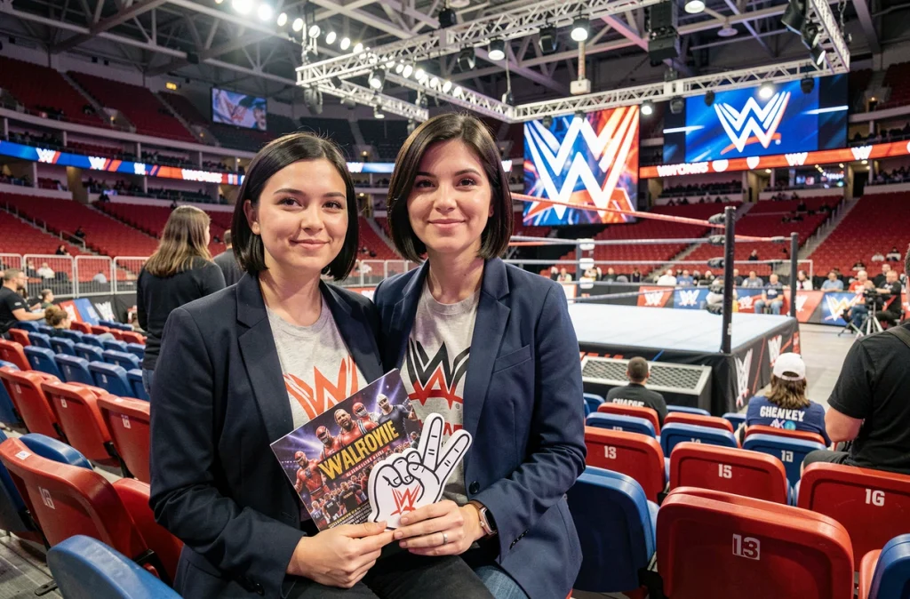 Jeune femme assise au premier rang d'une arène WWE à Paris tenant un programme officiel de l'événement