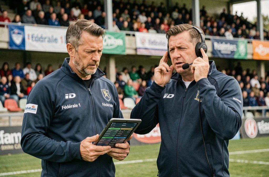 Staff technique analysant les statistiques en direct lors d'un match de rugby Fédérale 1