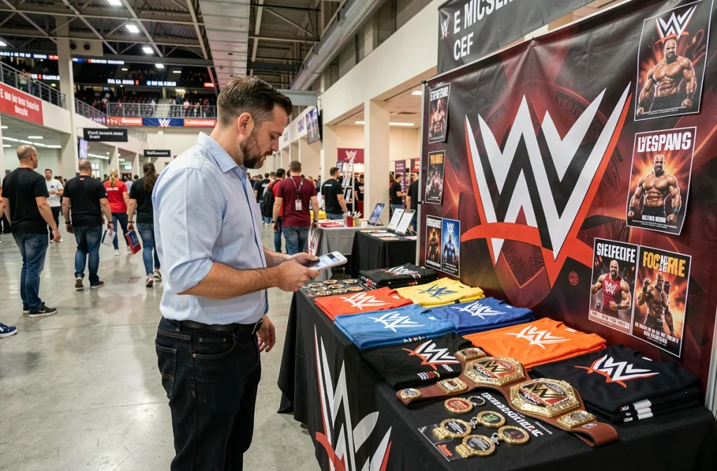 Homme adulte consultant des produits officiels WWE sur un stand de merchandising à l'intérieur d'une arène parisienne