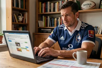 Supporter de rugby français consultant la billetterie FFR pour le Tournoi des 6 Nations 2026 sur son ordinateur portable